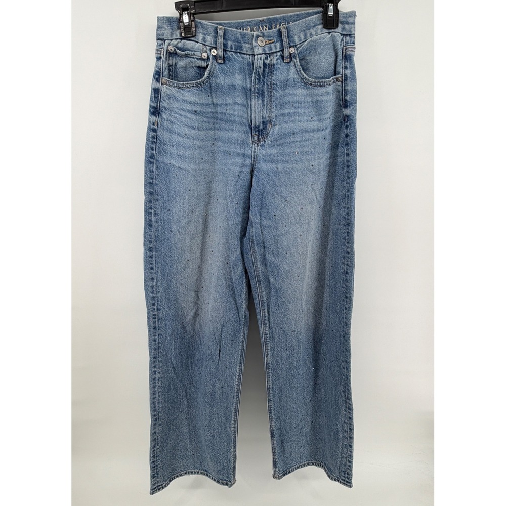 American Eagle Strigid Rhinestone Straight Leg Jeans Light Wash Women 6 Long - Picture 2 of 7